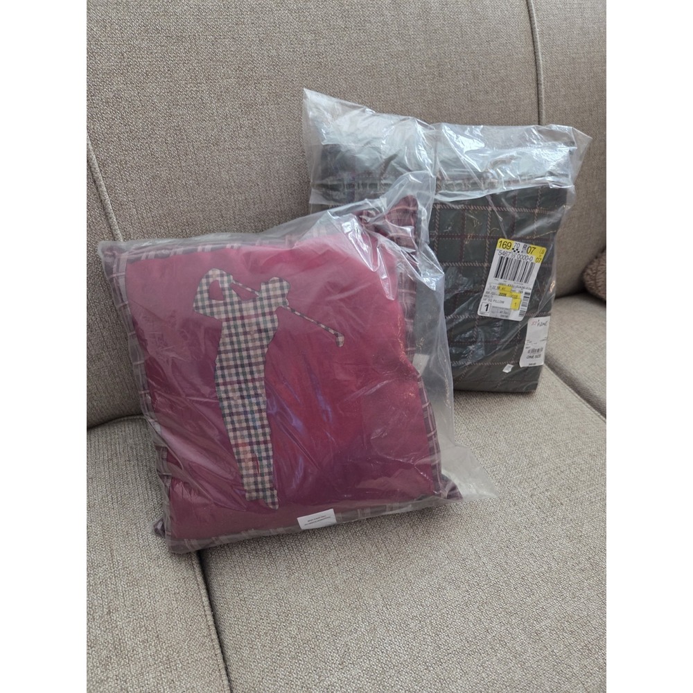 Pair Of Golf Throw Pillows Two Burgundy Plaid‎ Hunter Green